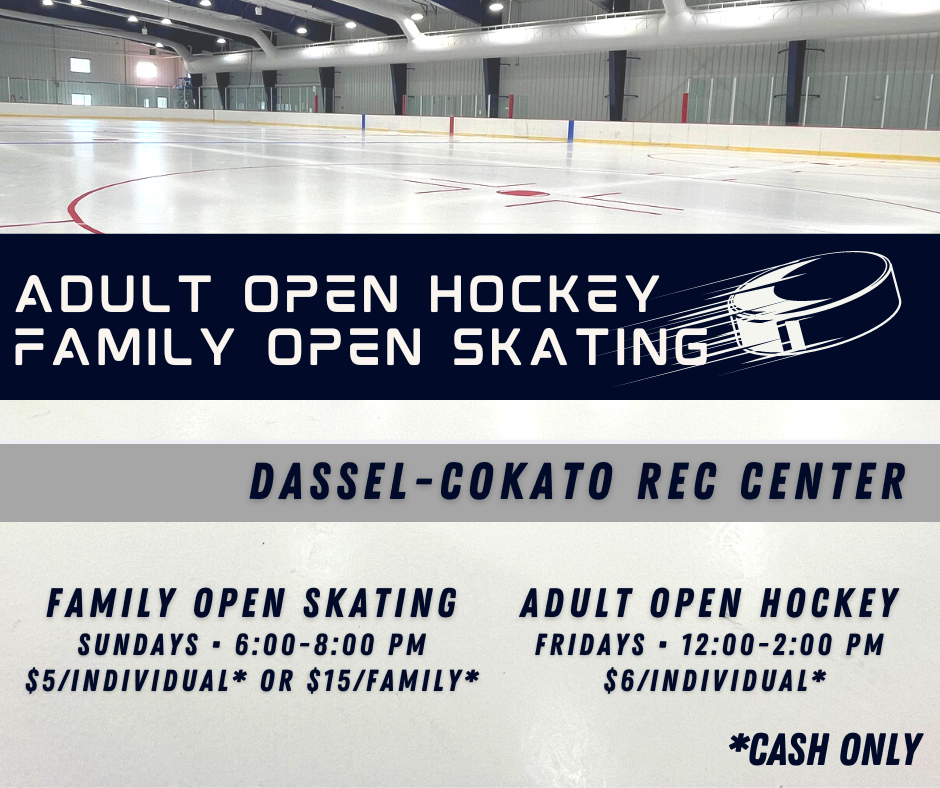 Weekly times now available for Adult Open Hockey and Family Open Skate